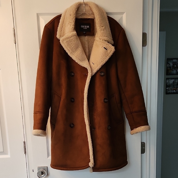 Guess Brown and Cream Peacoat with Shearling Collar - Picture 3 of 5